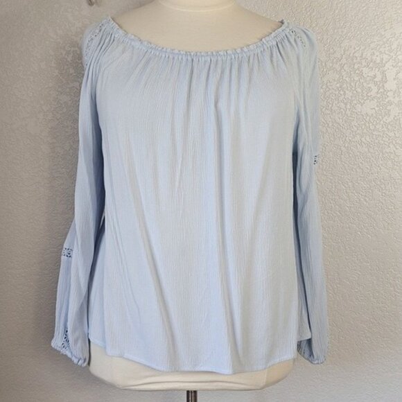 Sanctuary XXL Blouse Say So Lace-Inset Convertible On or Off-Shoulder Light Blue - Picture 4 of 8